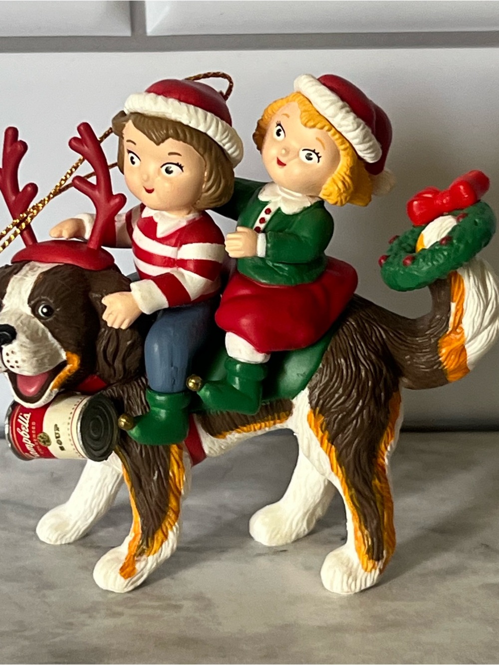Vintage Christmas Ornament St Bernard Dog & Children Riders
